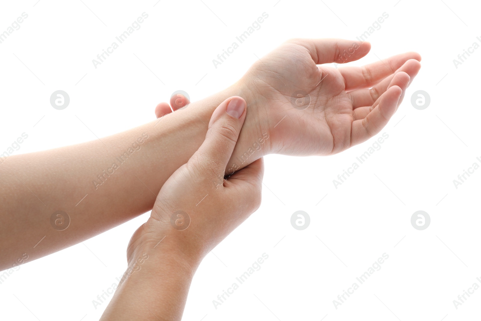 Photo of Woman checking pulse on wrist against white background, closeup