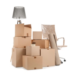 Cardboard boxes and household stuff on white background. Moving day