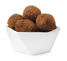 Photo of Delicious falafel balls in bowl isolated on white