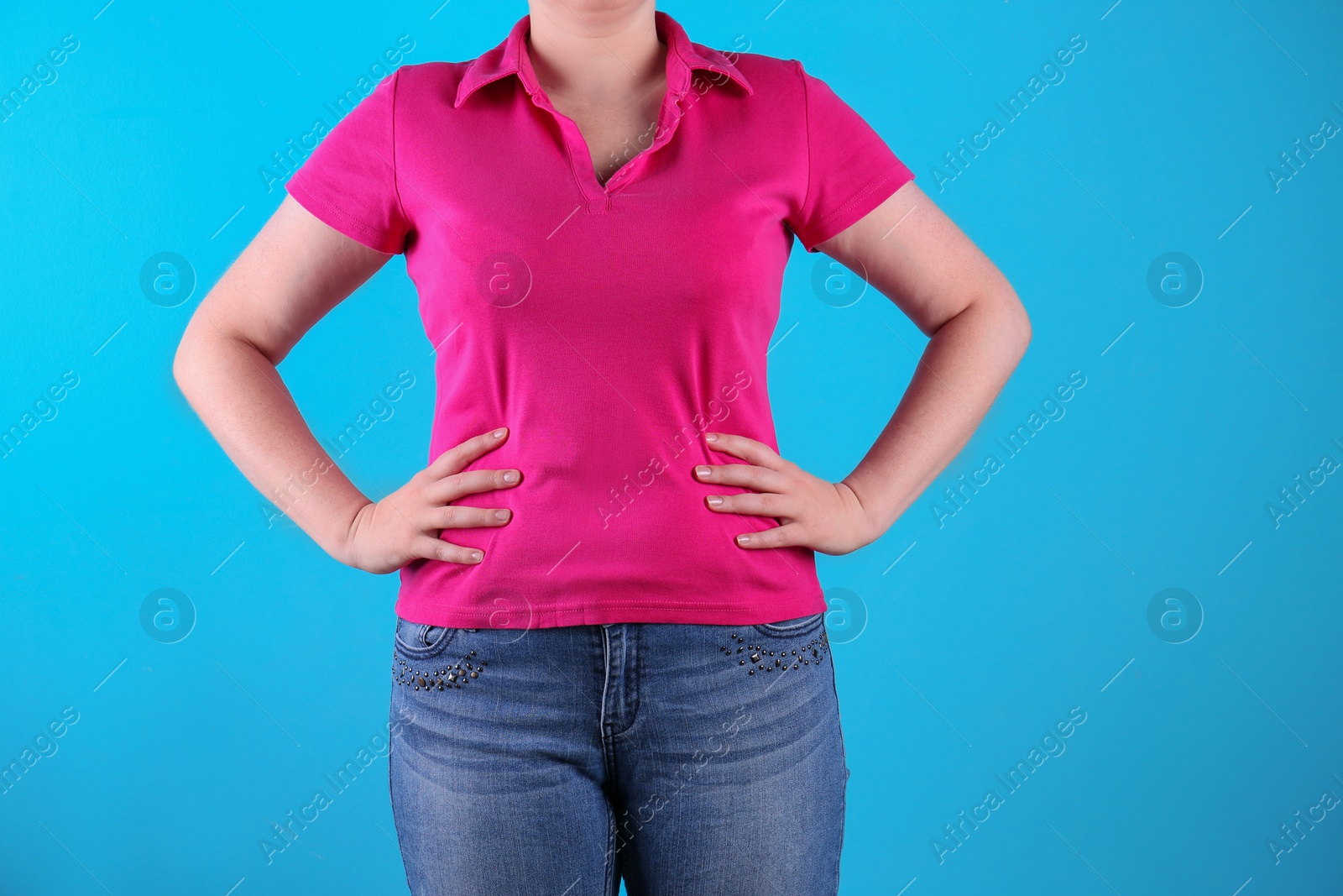 Photo of Overweight woman before weight loss on color background