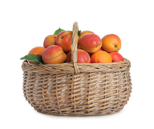 Photo of Delicious ripe apricots in wicker basket isolated on white