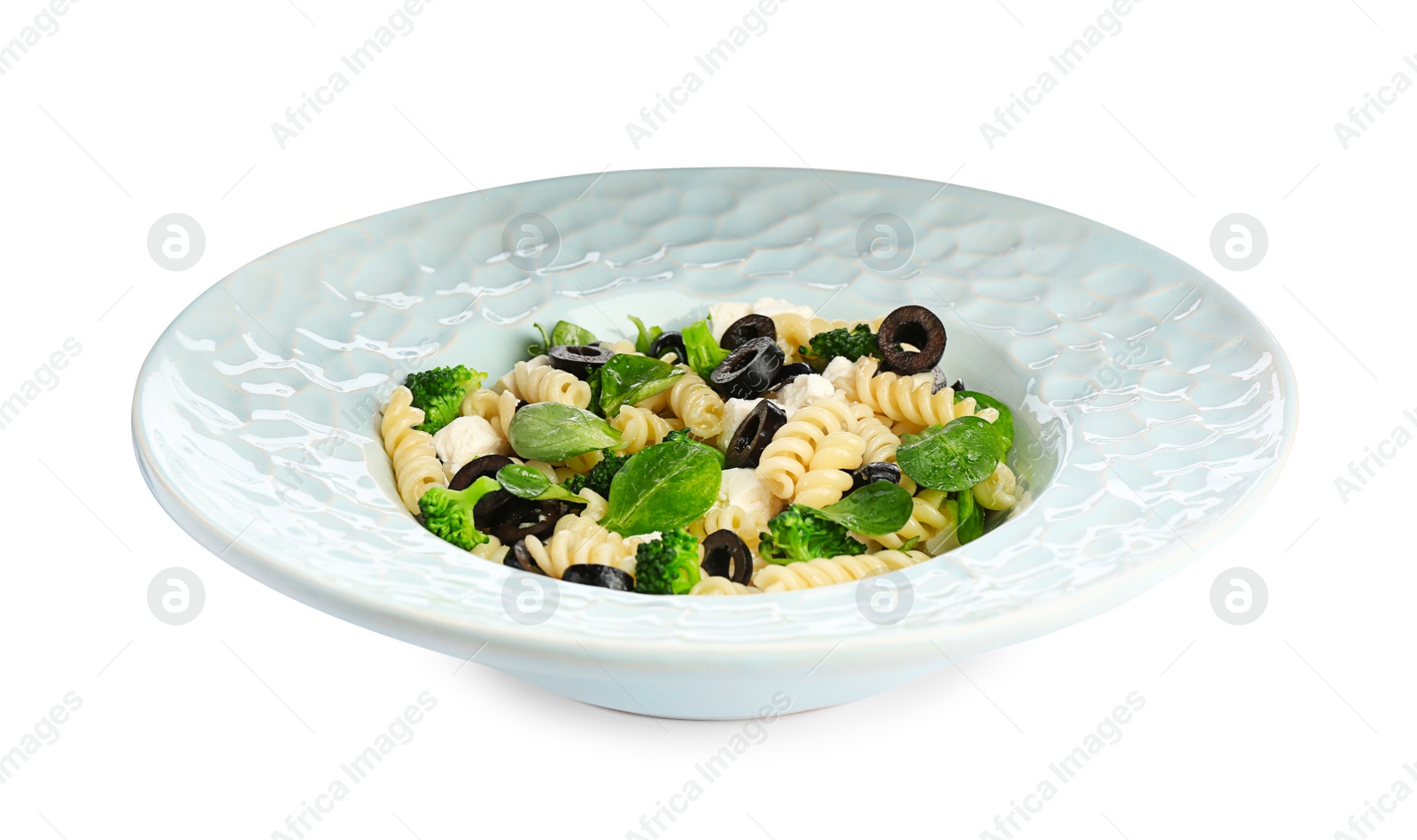 Photo of Tasty pasta salad on white background