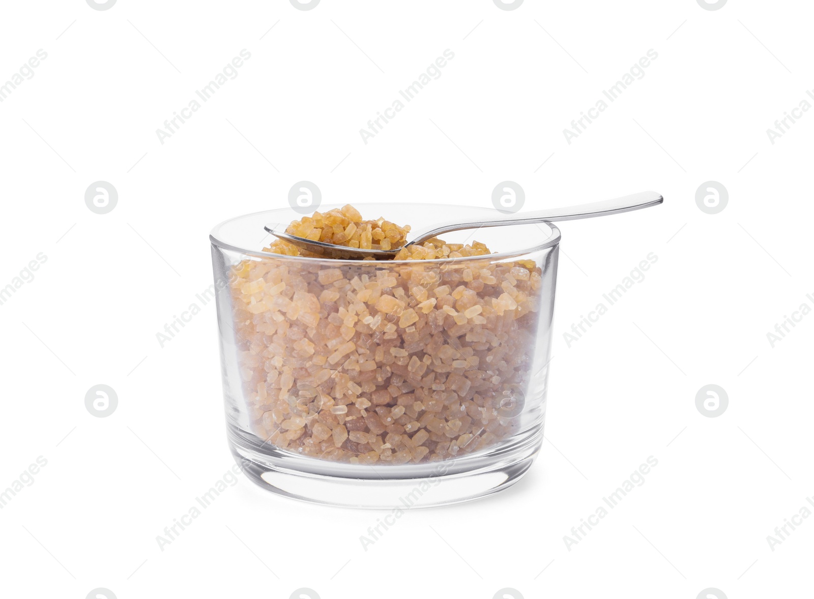 Photo of Glass bowl with brown sugar and spoon isolated on white