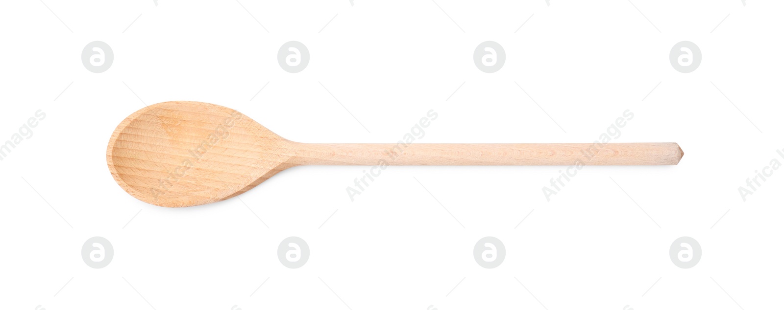 Photo of One wooden spoon isolated on white, top view. Cooking utensil