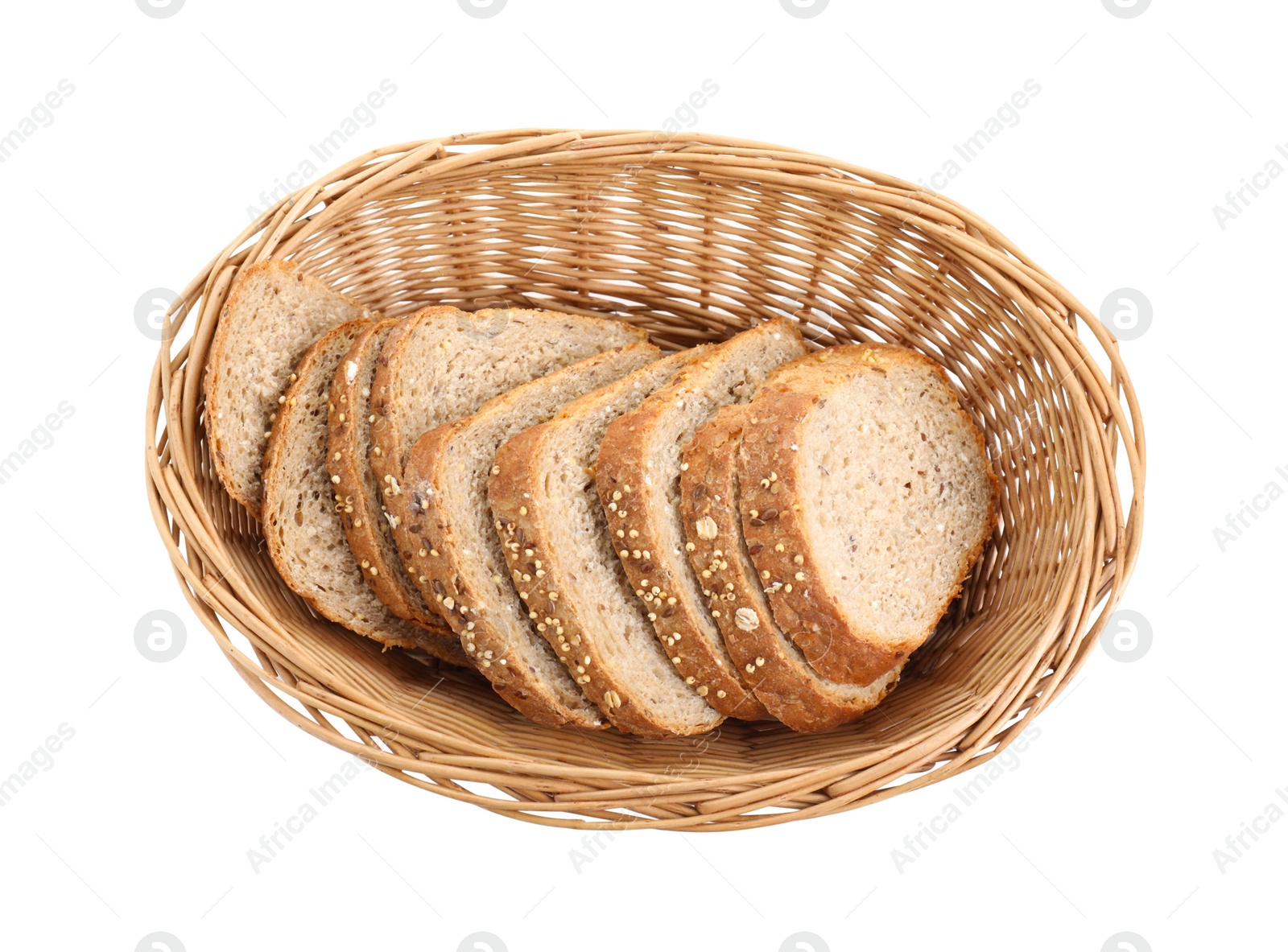 Photo of Slices of fresh homemade bread in wicker basket isolated on white, top view