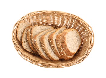 Slices of fresh homemade bread in wicker basket isolated on white, top view