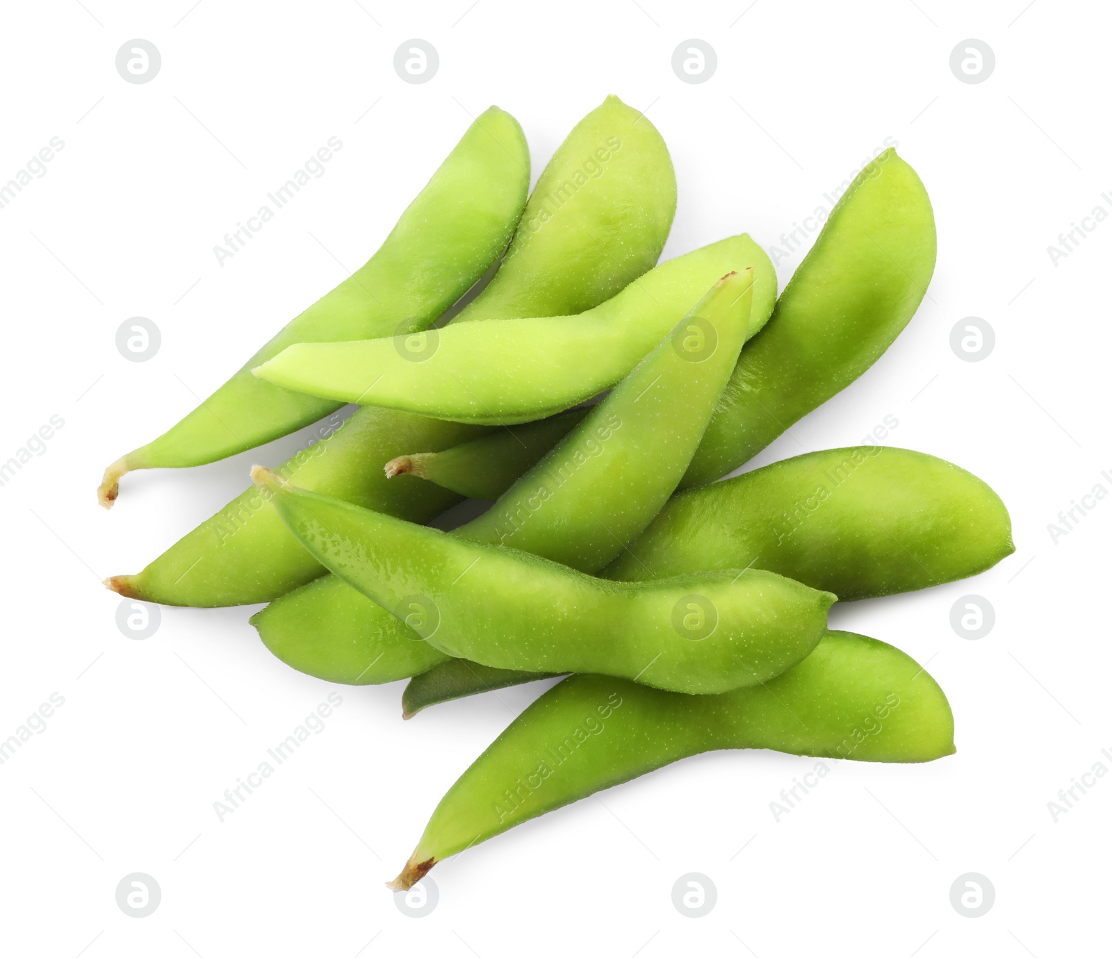 Photo of Fresh green edamame pods on white background