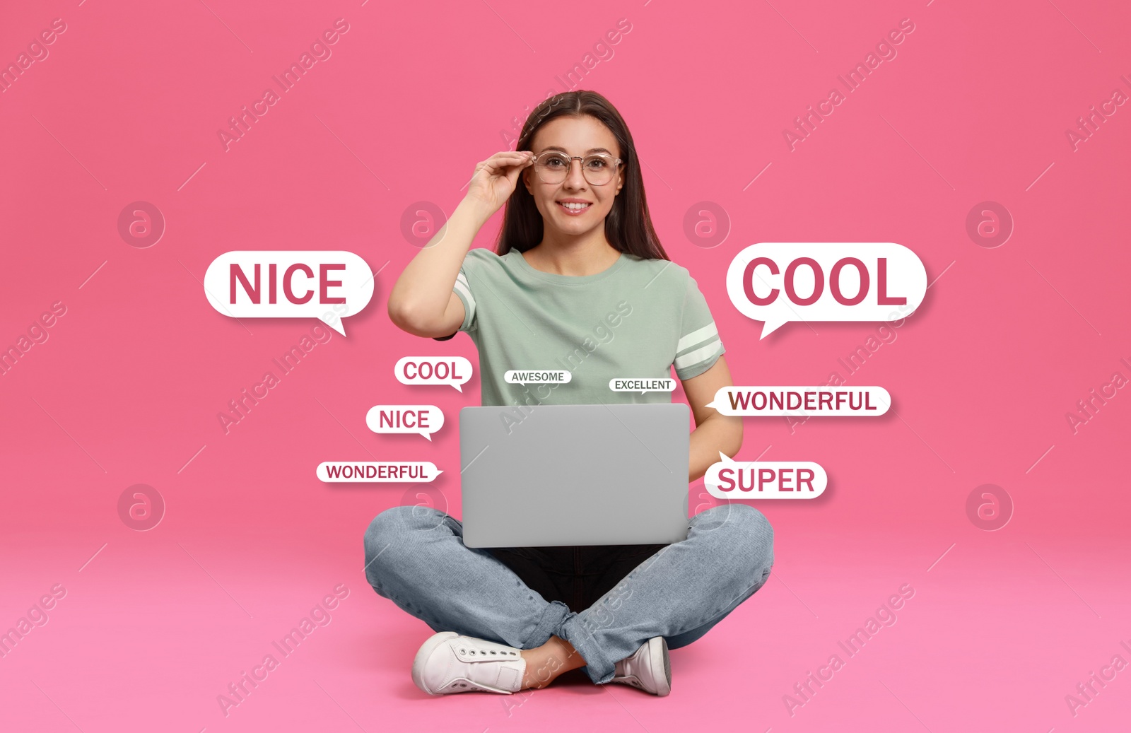 Image of Woman using laptop to give feedback on pink background. Customer review