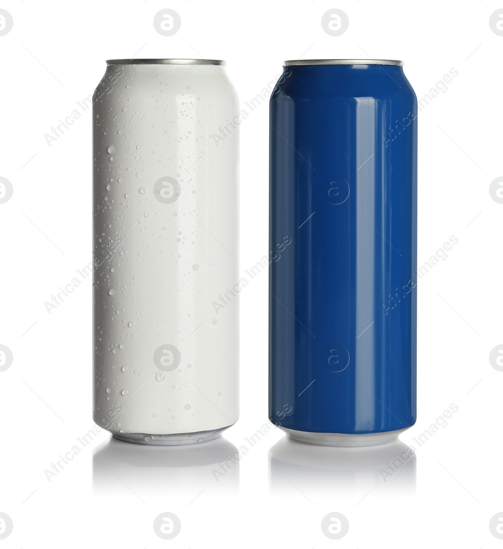 Photo of Aluminum cans with drinks on white background