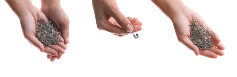 Image of Collage with photos of women holding safety pins on white background, closeup. Banner design