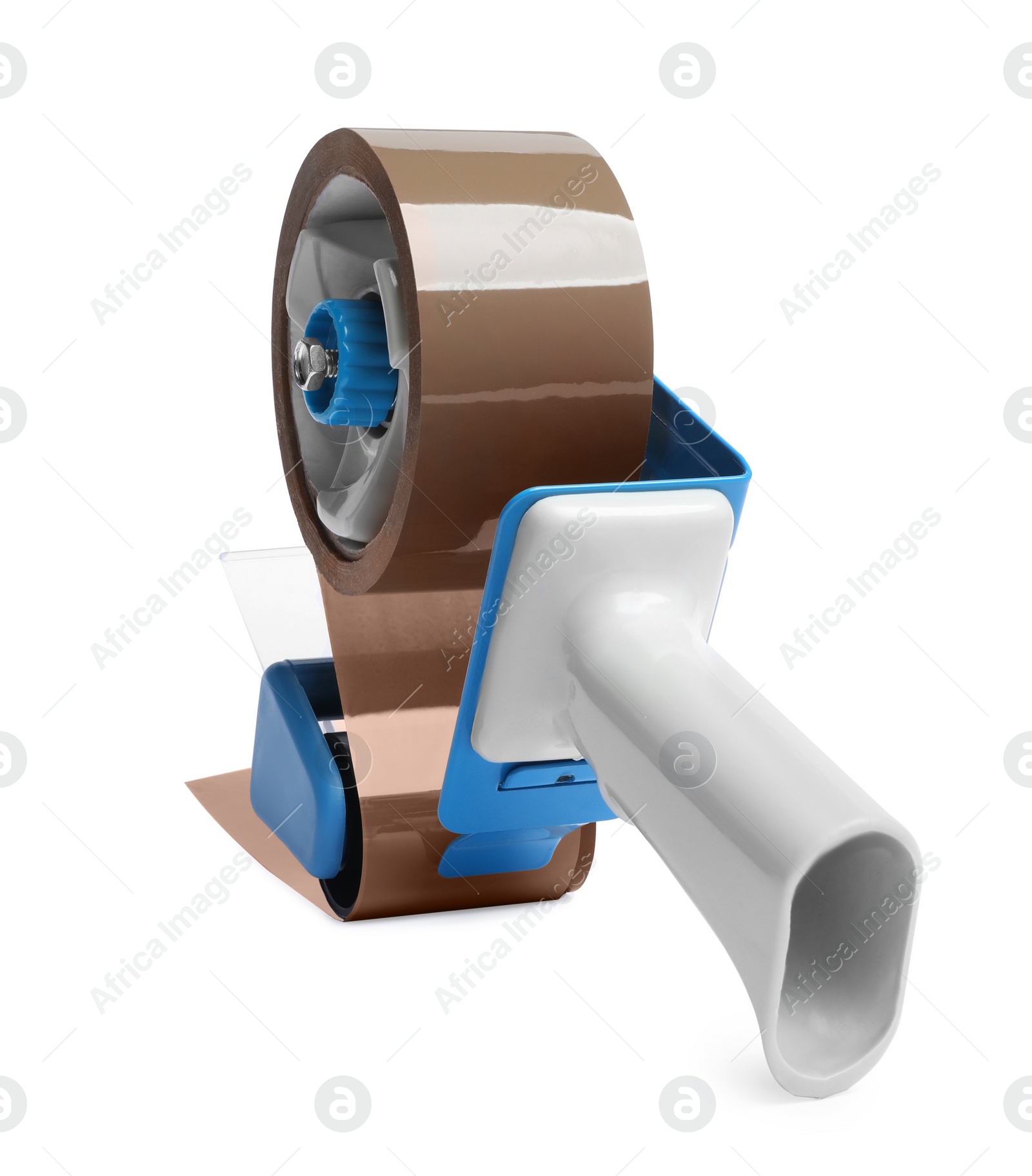 Photo of Handheld dispenser with roll of adhesive tape isolated on white