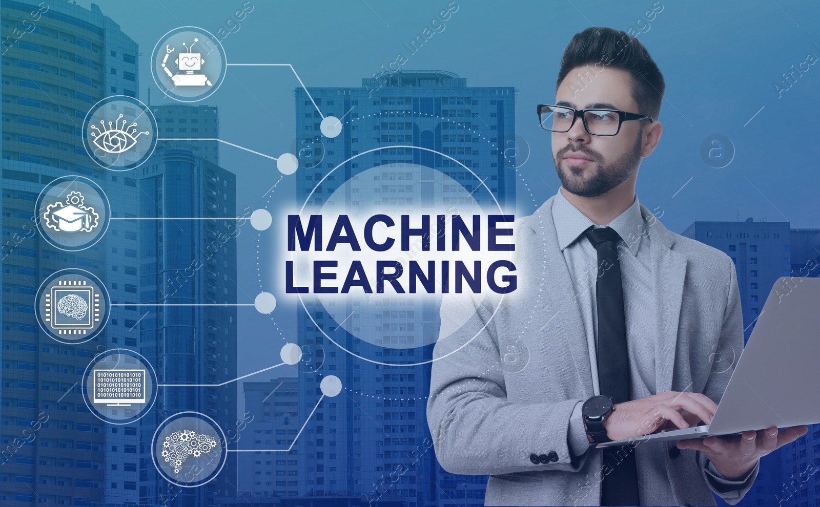 Image of Young businessman using laptop with machine learning model and cityscape on background