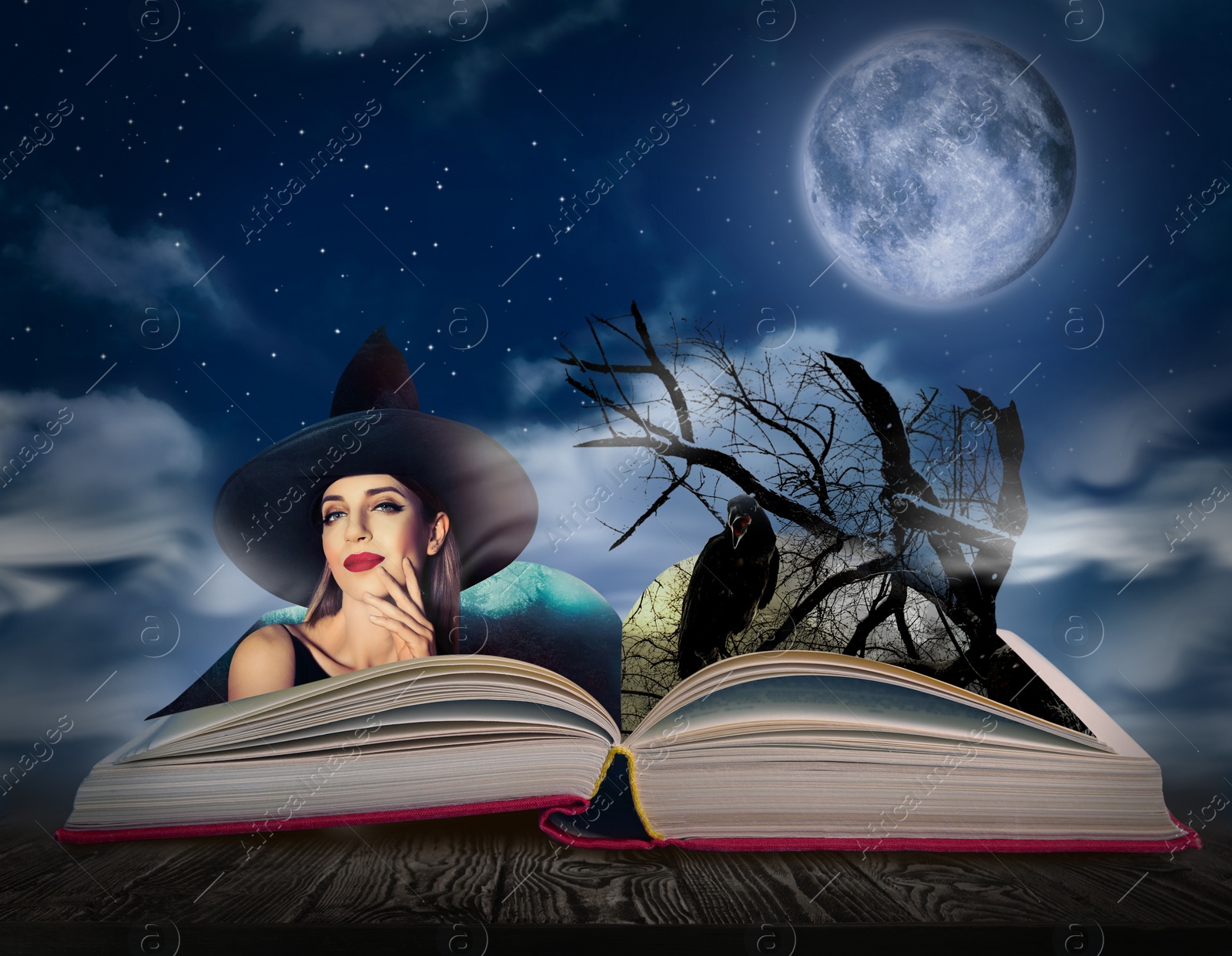 Image of Fantasy world. Open book of fairytales with witch and black crow on pages