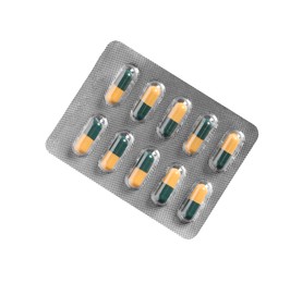 Blister of pills on white background, top view