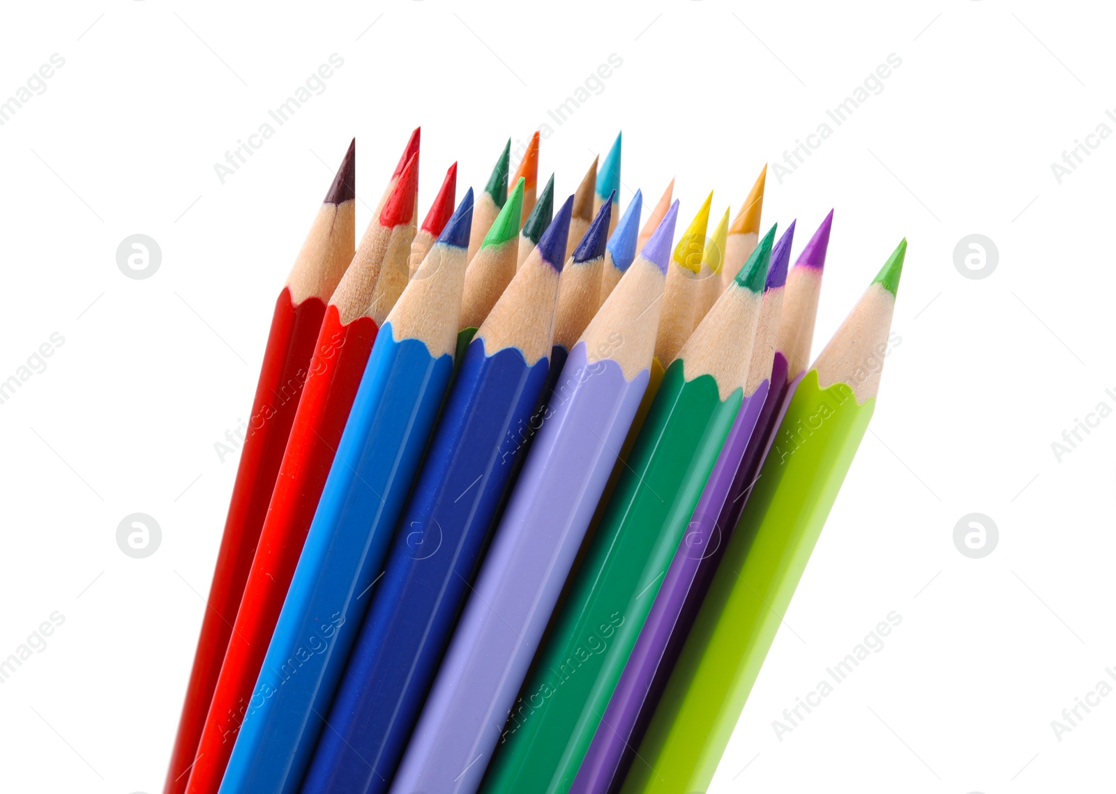 Photo of Many colorful wooden pencils on white background