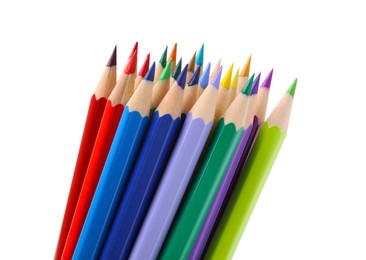 Photo of Many colorful wooden pencils on white background