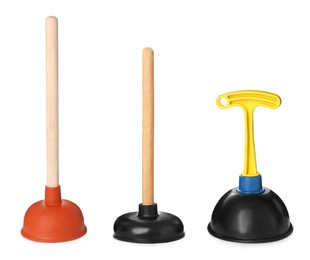 Set with different plungers on white background