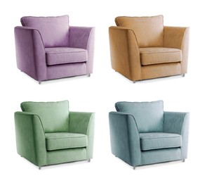 Image of Different colorful armchairs isolated on white, set