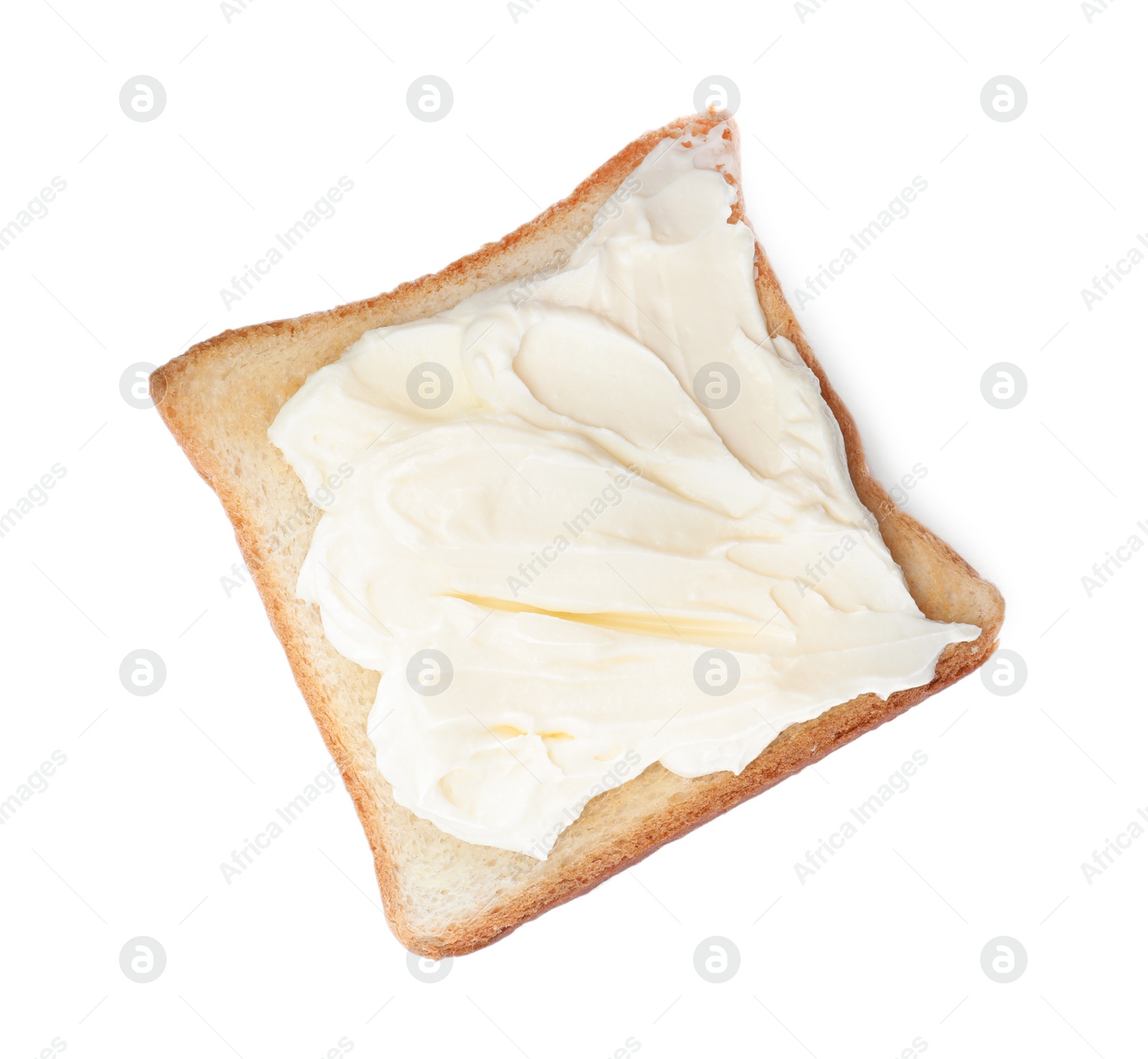 Photo of Slice of bread with tasty cream cheese isolated on white, top view