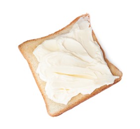 Photo of Slice of bread with tasty cream cheese isolated on white, top view