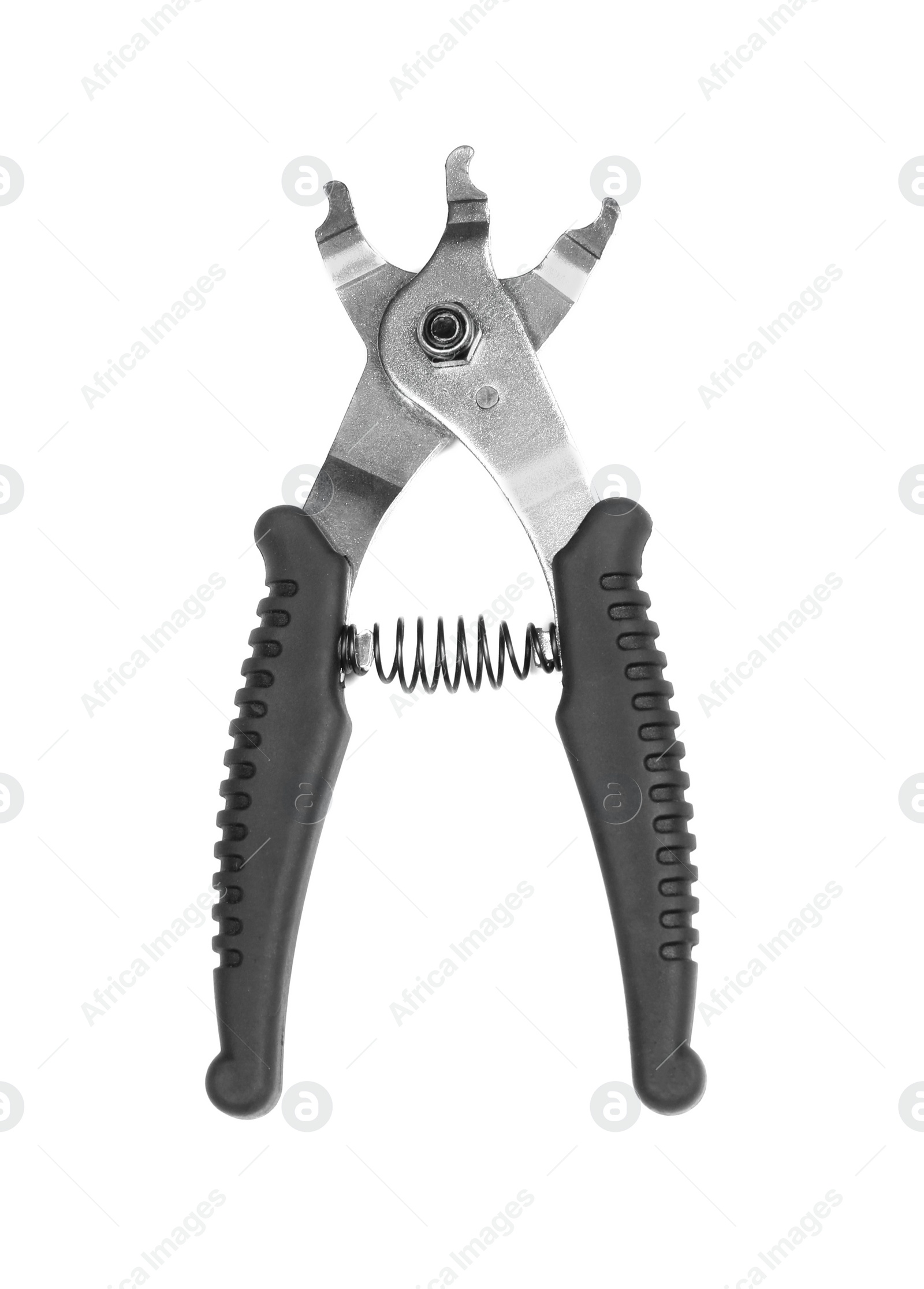 Photo of Tool for bicycle repair on white background, top view