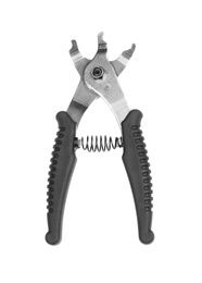 Tool for bicycle repair on white background, top view