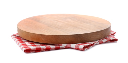 Photo of Wooden board on white background. Kitchen utensil