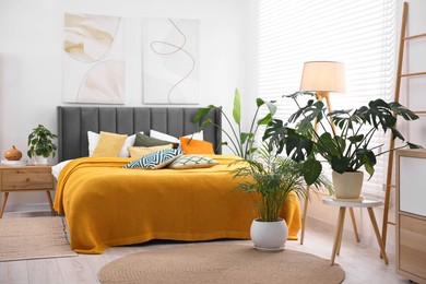 Photo of Bright plaid and colorful pillows on bed in stylish bedroom. Interior design