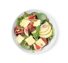 Photo of Tasty salad with brie cheese, prosciutto, pear and figs isolated on white, top view