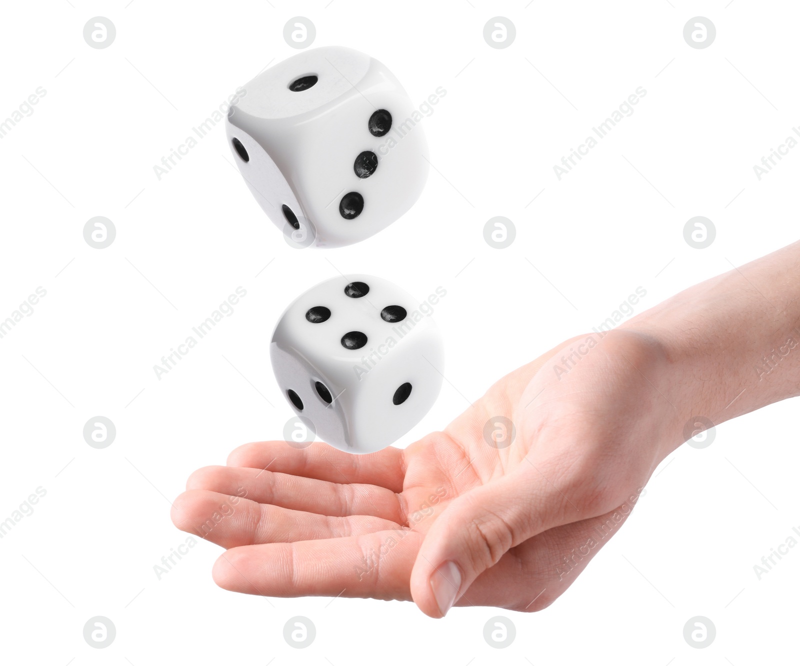 Image of Man throwing dice on white background, closeup