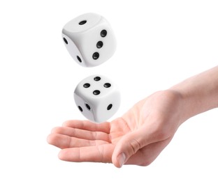 Man throwing dice on white background, closeup