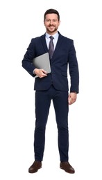 Handsome bearded businessman in suit with laptop on white background