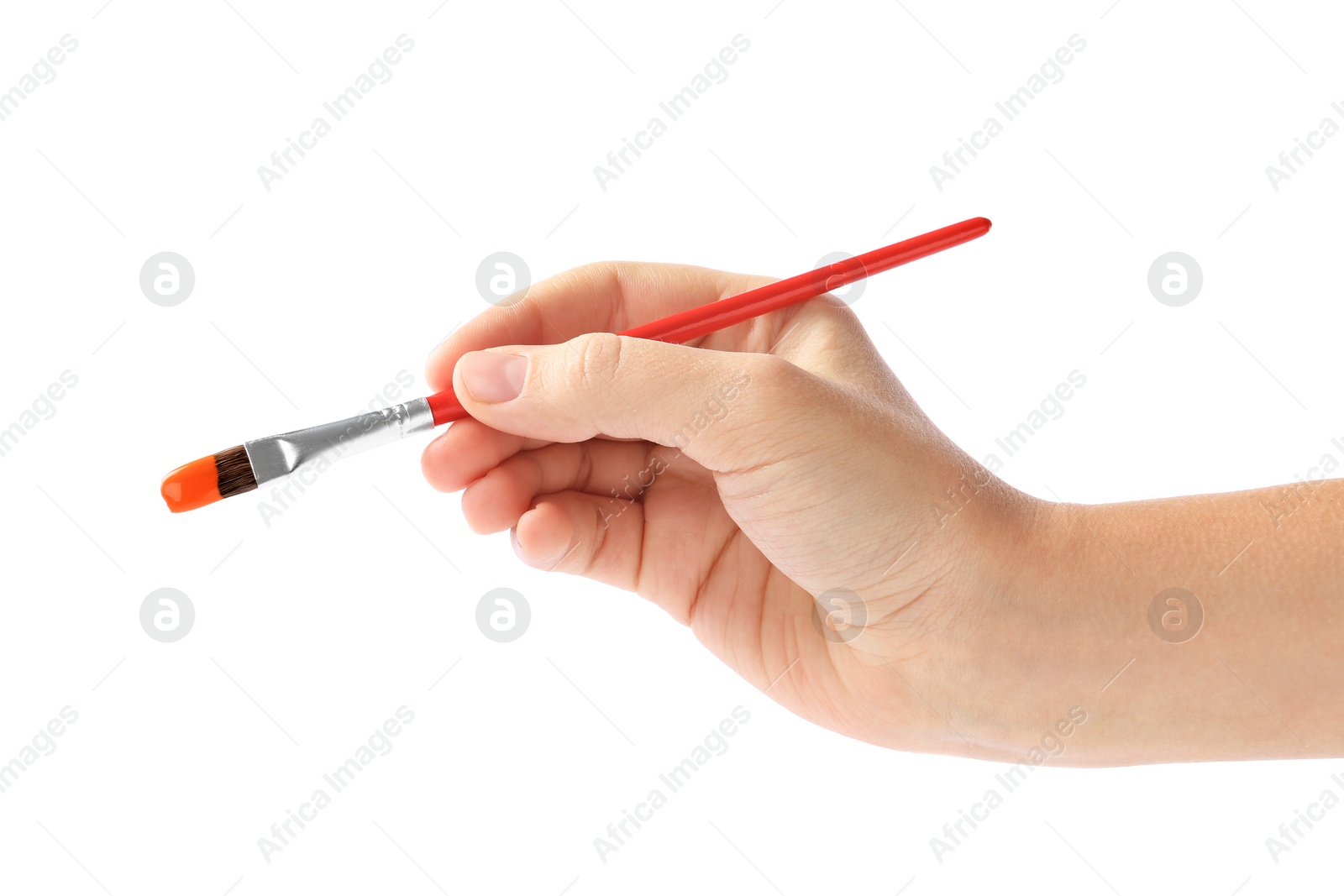 Photo of Young woman holding brush with color paint on white background, closeup