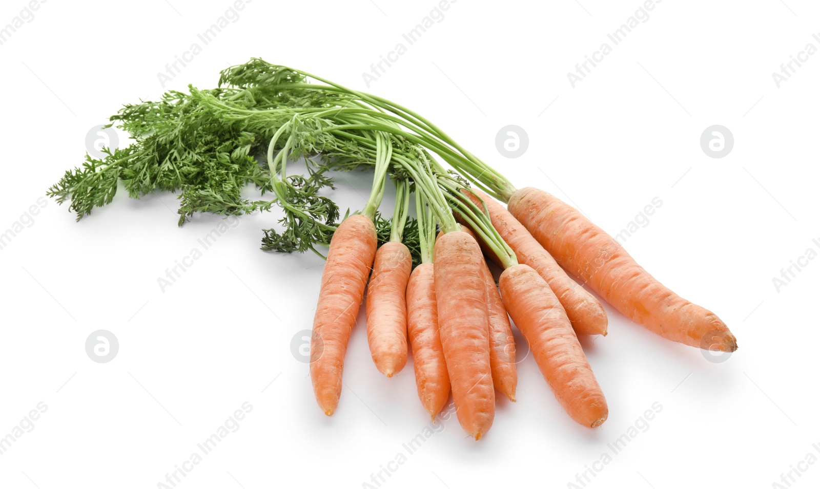 Photo of Ripe carrots on white background. Healthy diet