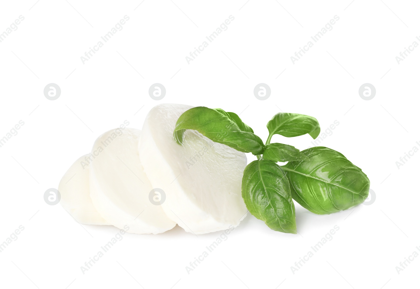 Photo of Delicious mozzarella cheese slices and basil on white background