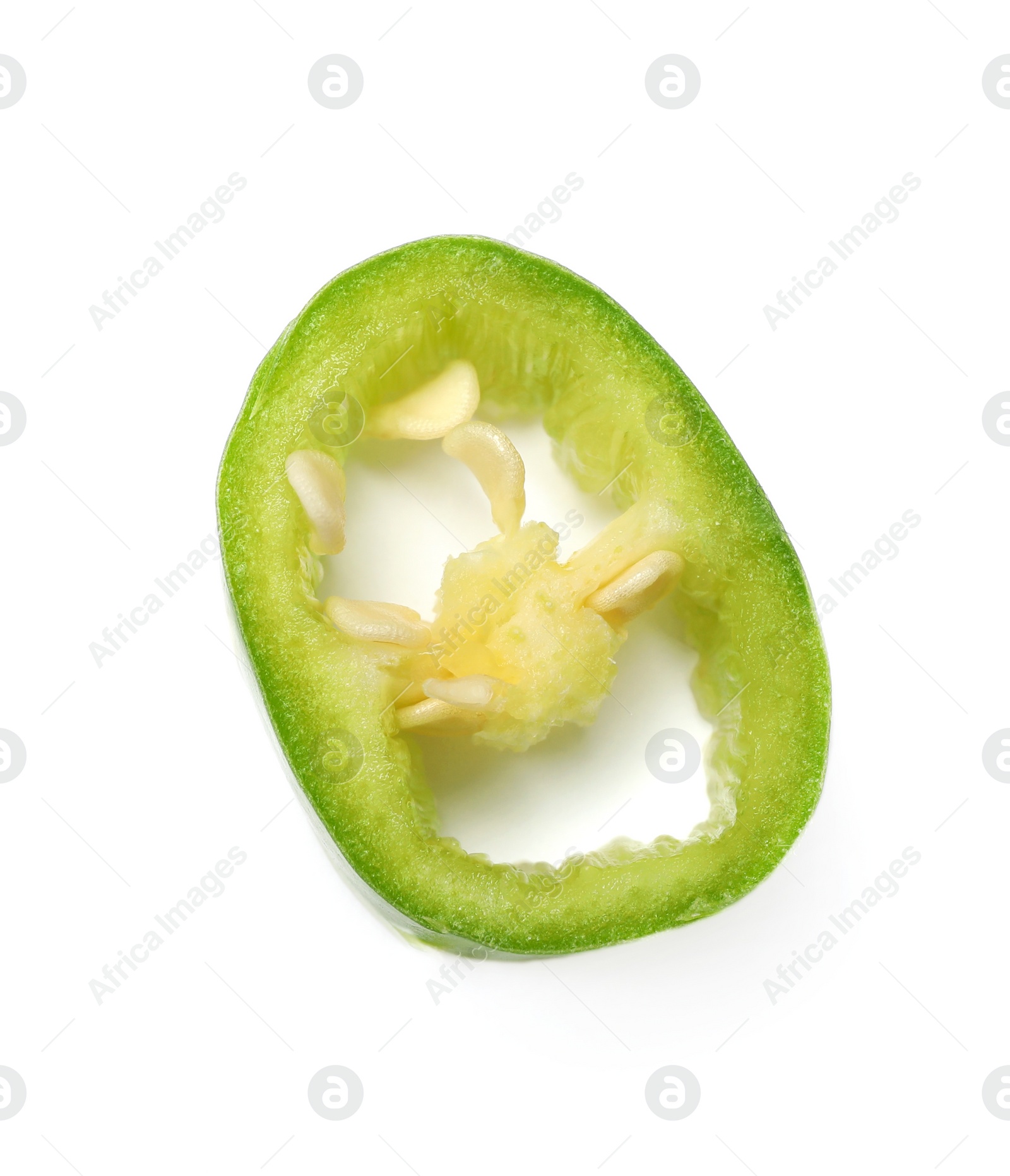 Photo of Piece of green hot chili pepper on white background, top view