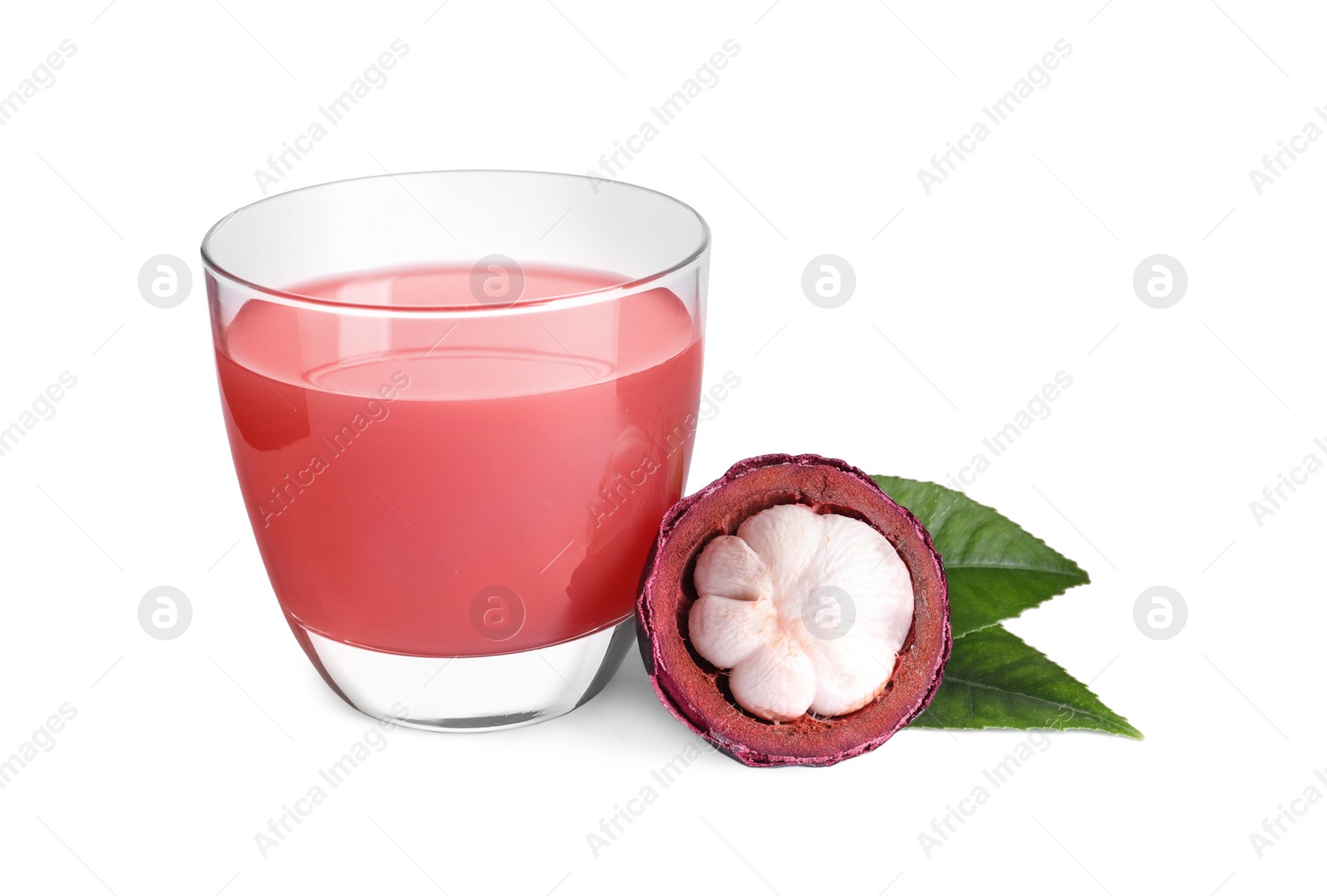 Photo of Delicious mangosteen juice in glass on white background