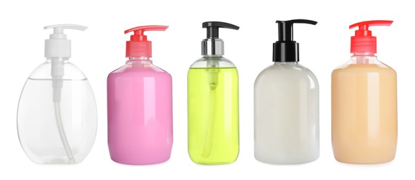 Image of Set with different bottles of liquid soap on white background. Banner design