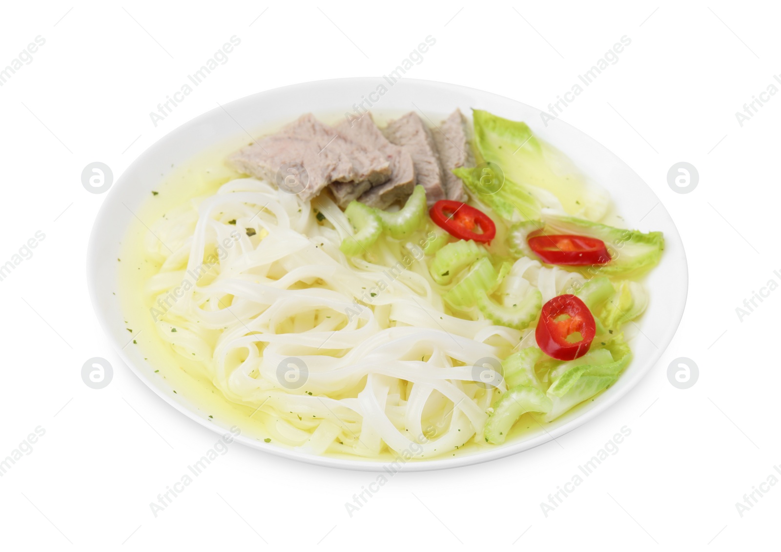 Photo of Bowl of delicious rice noodle soup with celery and meat isolated on white
