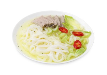 Photo of Bowl of delicious rice noodle soup with celery and meat isolated on white