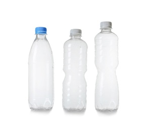 Photo of Three plastic bottles on white background. Recycle concept