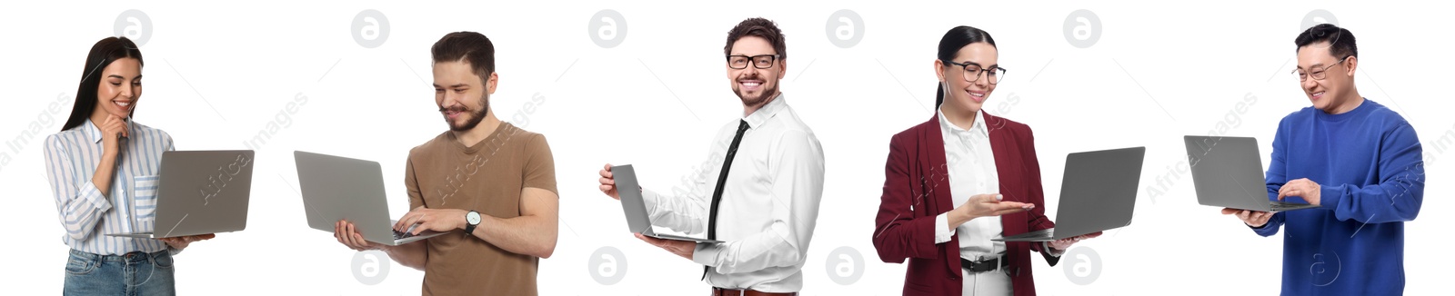 Image of People with laptops on white background, collage design