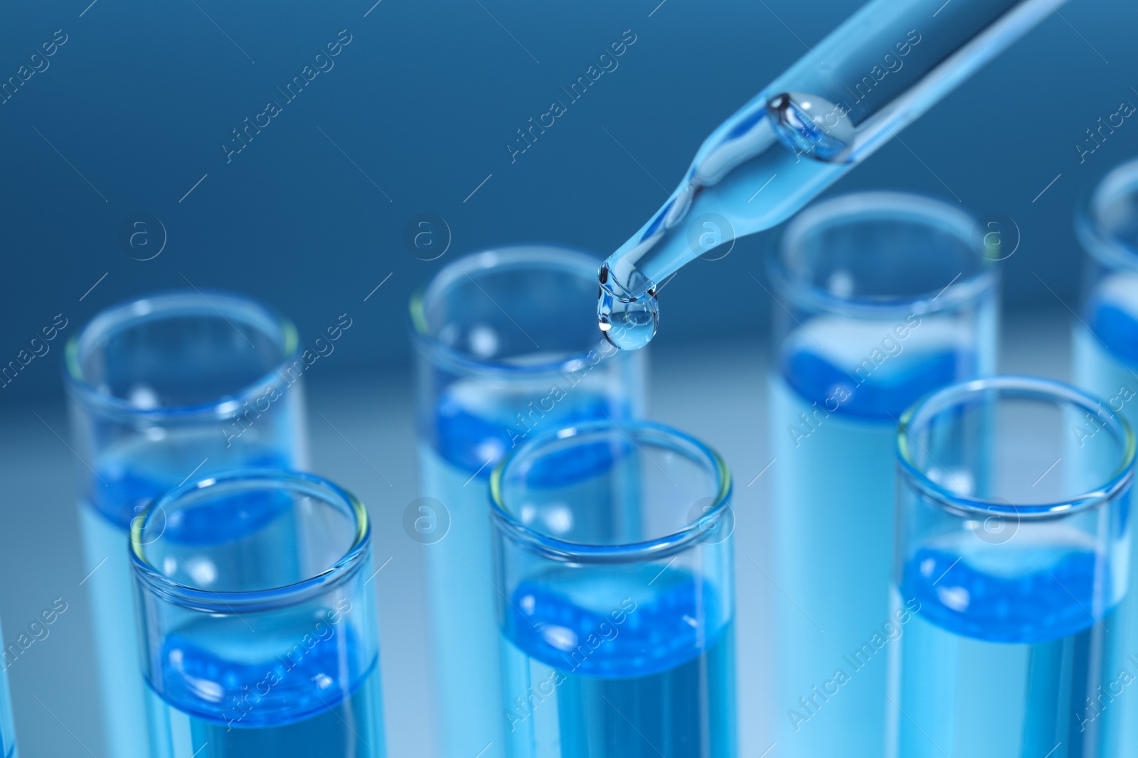 Photo of Dripping reagent into test tube on light blue background, closeup and space for text. Laboratory analysis