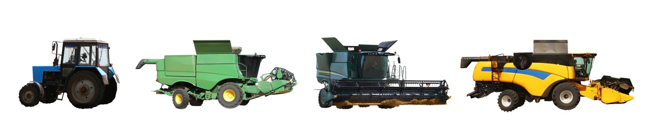 Image of Set of different agricultural machinery on white background. Banner design 