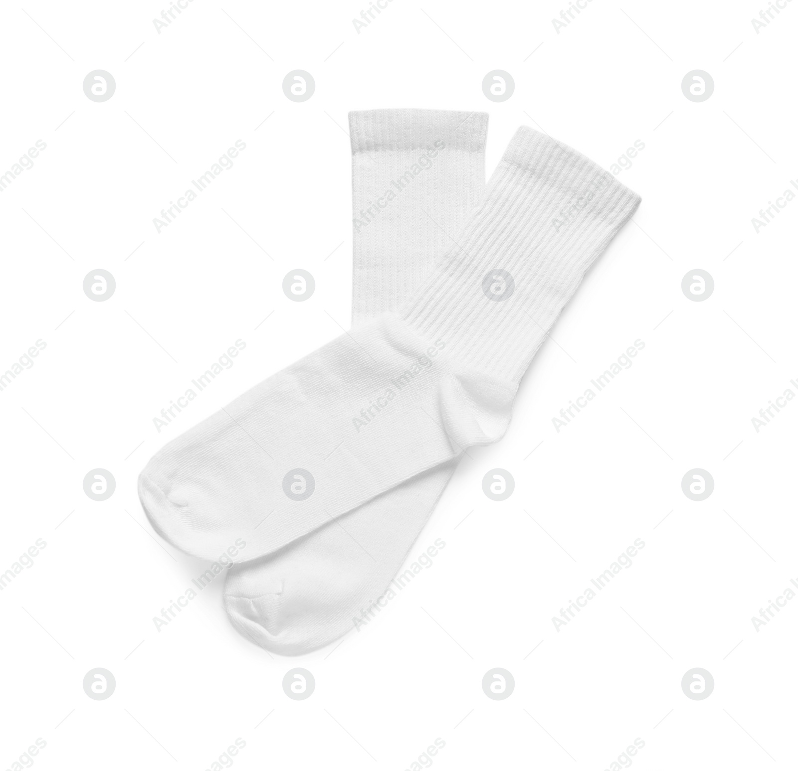 Photo of Pair of stylish clean socks isolated on white, top view