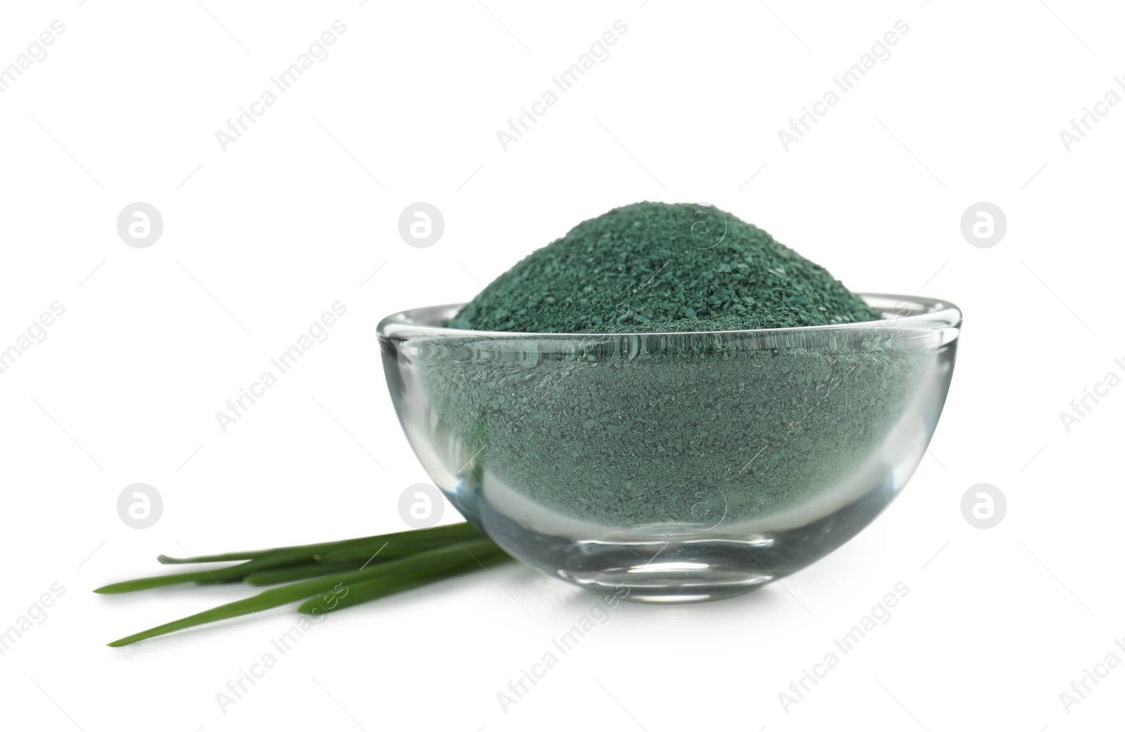 Photo of Bowl with spirulina algae powder on white background