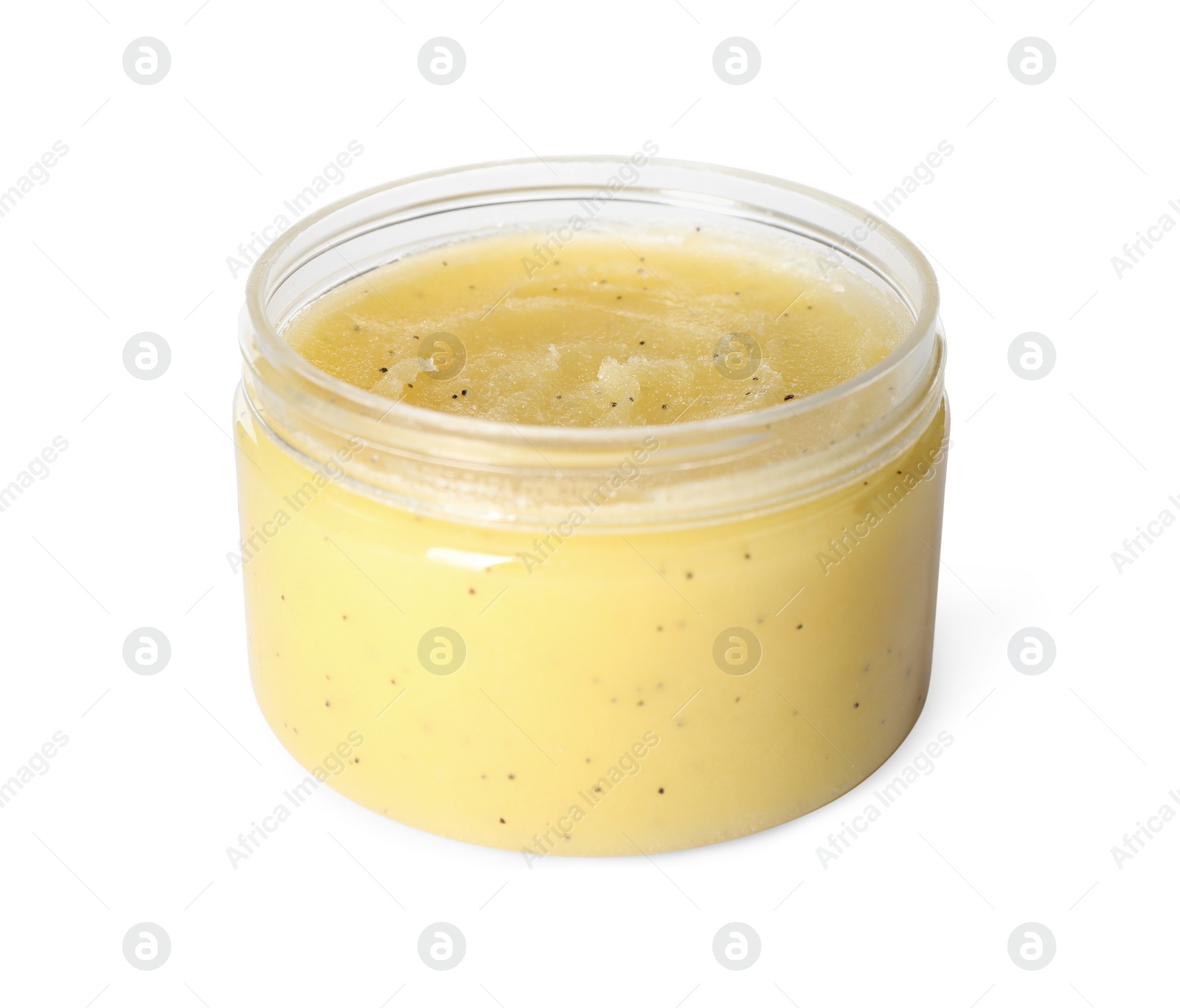 Photo of Body scrub in jar isolated on white