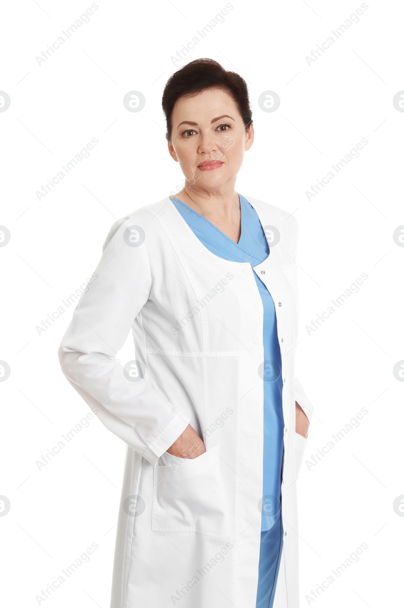 Photo of Portrait of female doctor isolated on white. Medical staff