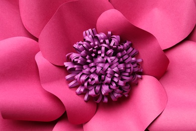 Photo of Beautiful pink flower made of paper as background, top view