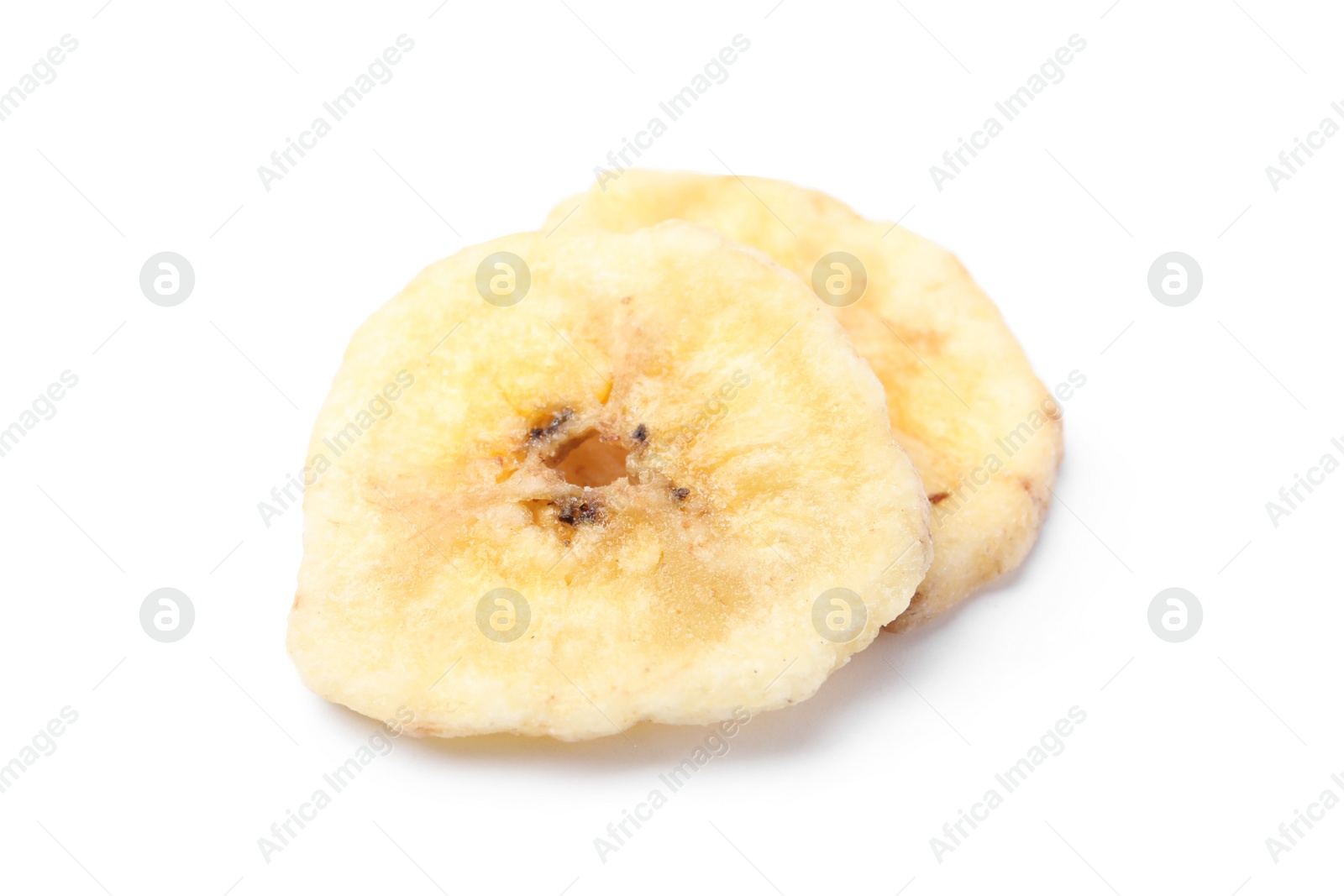 Photo of Sweet banana slices on white background. Dried fruit as healthy snack